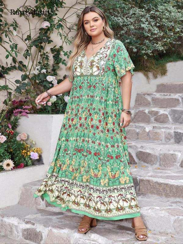 Plus Size Patchwork Floral Print Tie Neck Contrast Lace Ruffle Hem Long Dress, Summer Sundress 2024, Boho Butterfly Sleeve Smock Dress