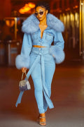 Denim Panel Fuzzy Crop Jacket Sash Leggings Pants 2pcs Set-Blue