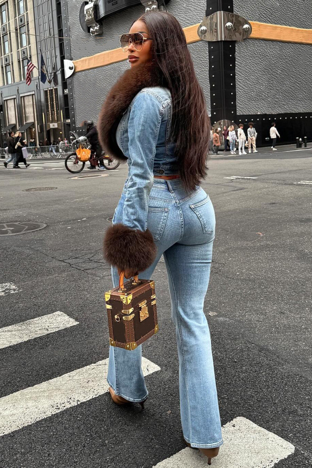 Faux Fur Patchwork Jacket Jeans Casual Denim Matching Set-Blue