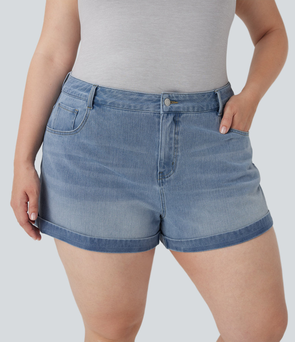 FlexTM Mid Rise Zipper Pockets Denim Casual Plus Size Shorts 3''