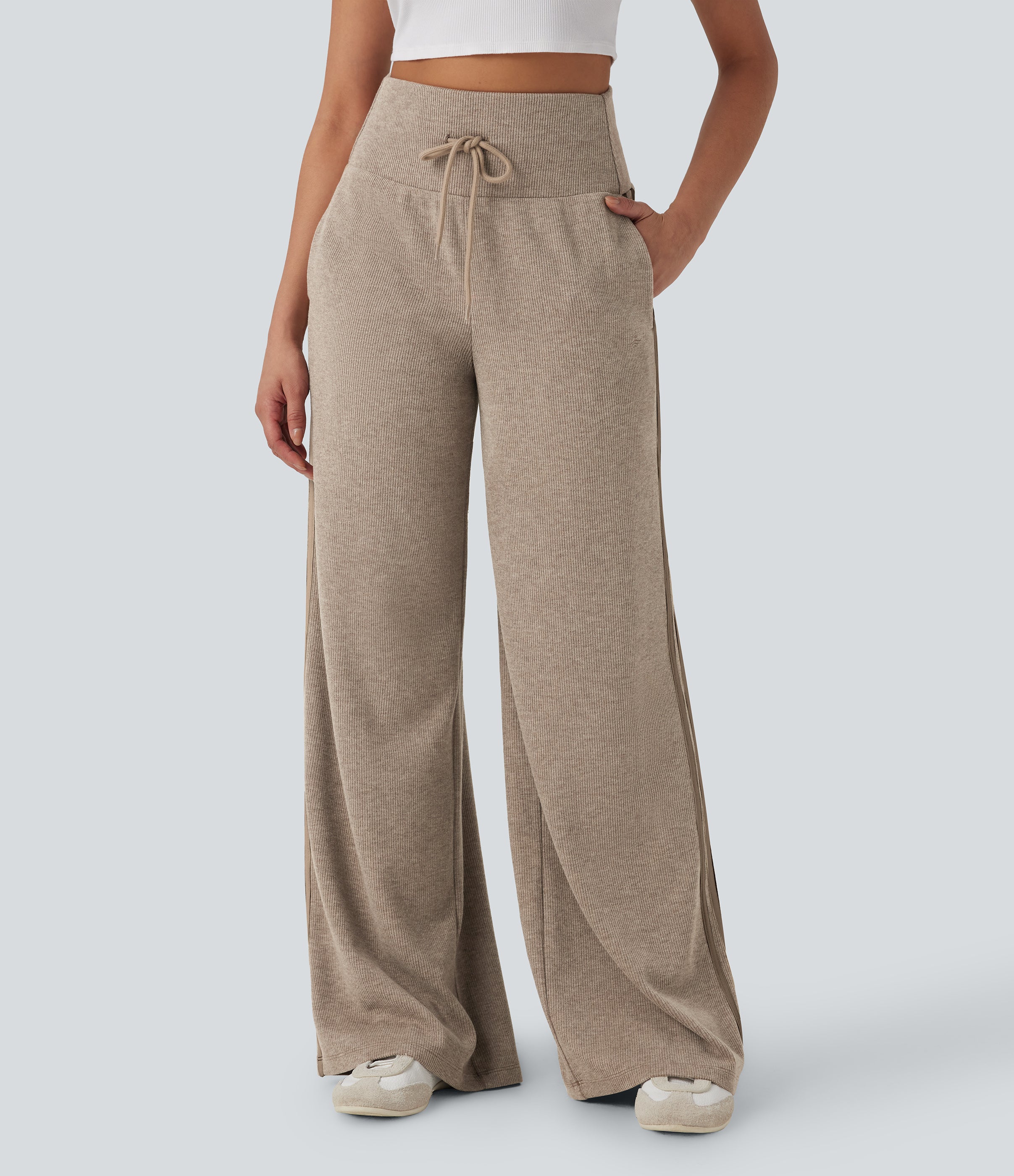 2026🔥 Ribbed SoCinched High Waisted Tummy Control Drawstring Wide Leg Color Block Casual Trousers with Pockets