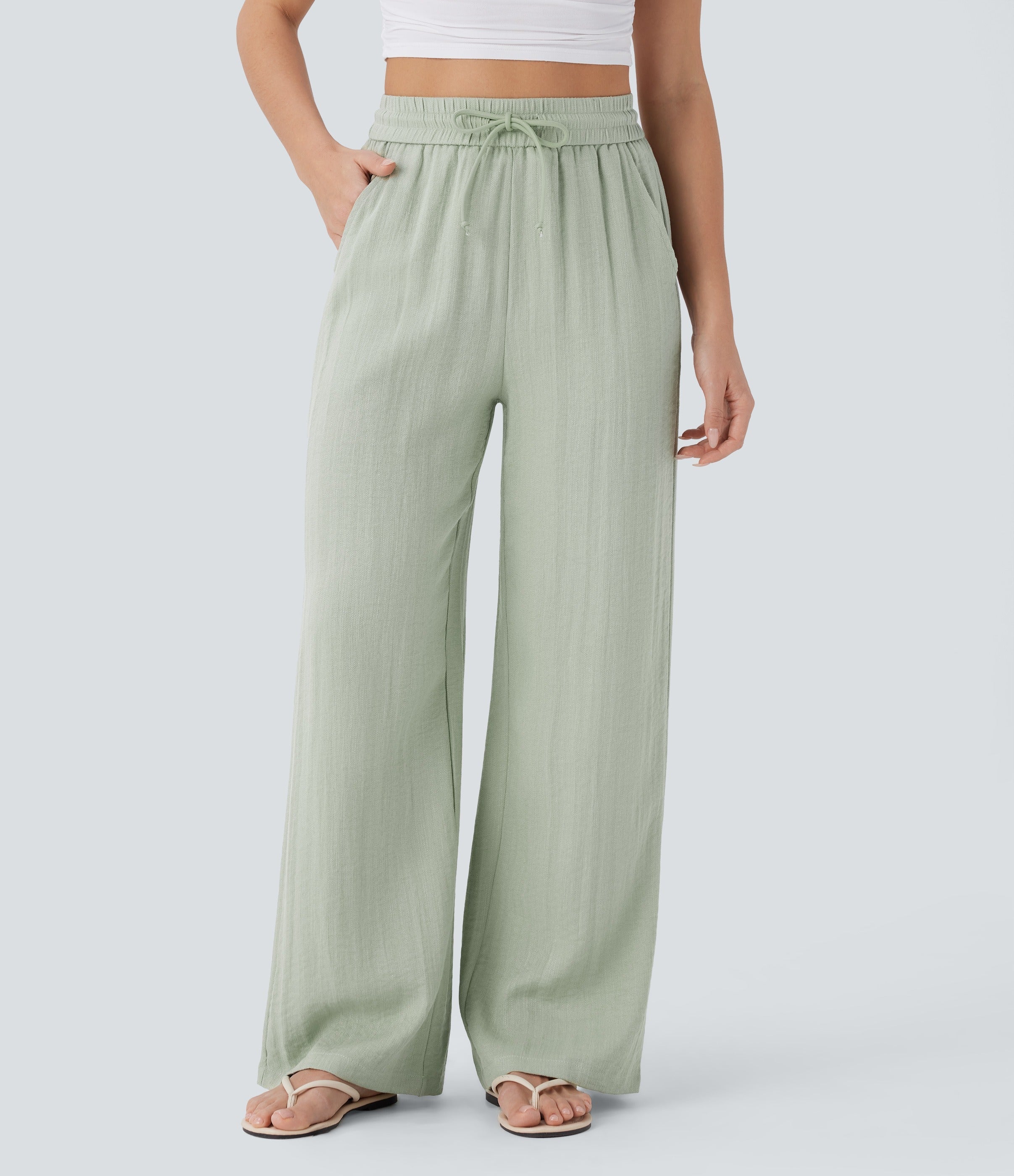 Women Summer High Waisted Drawstring Pocket Wide Leg Casual Linen-Feel Pants