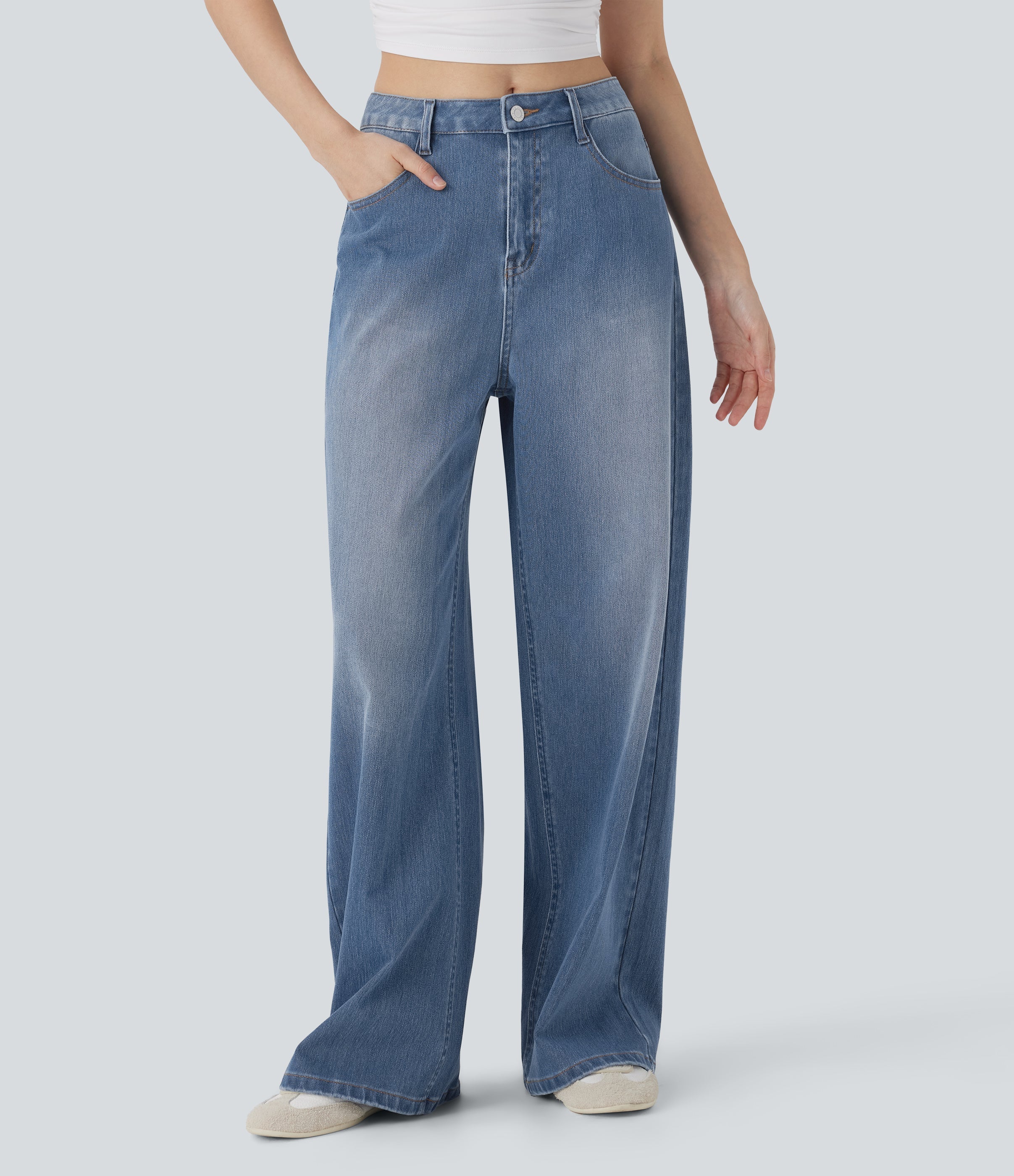 FlexTM Mid Rise Washed Casual Baggy Jeans with Pockets