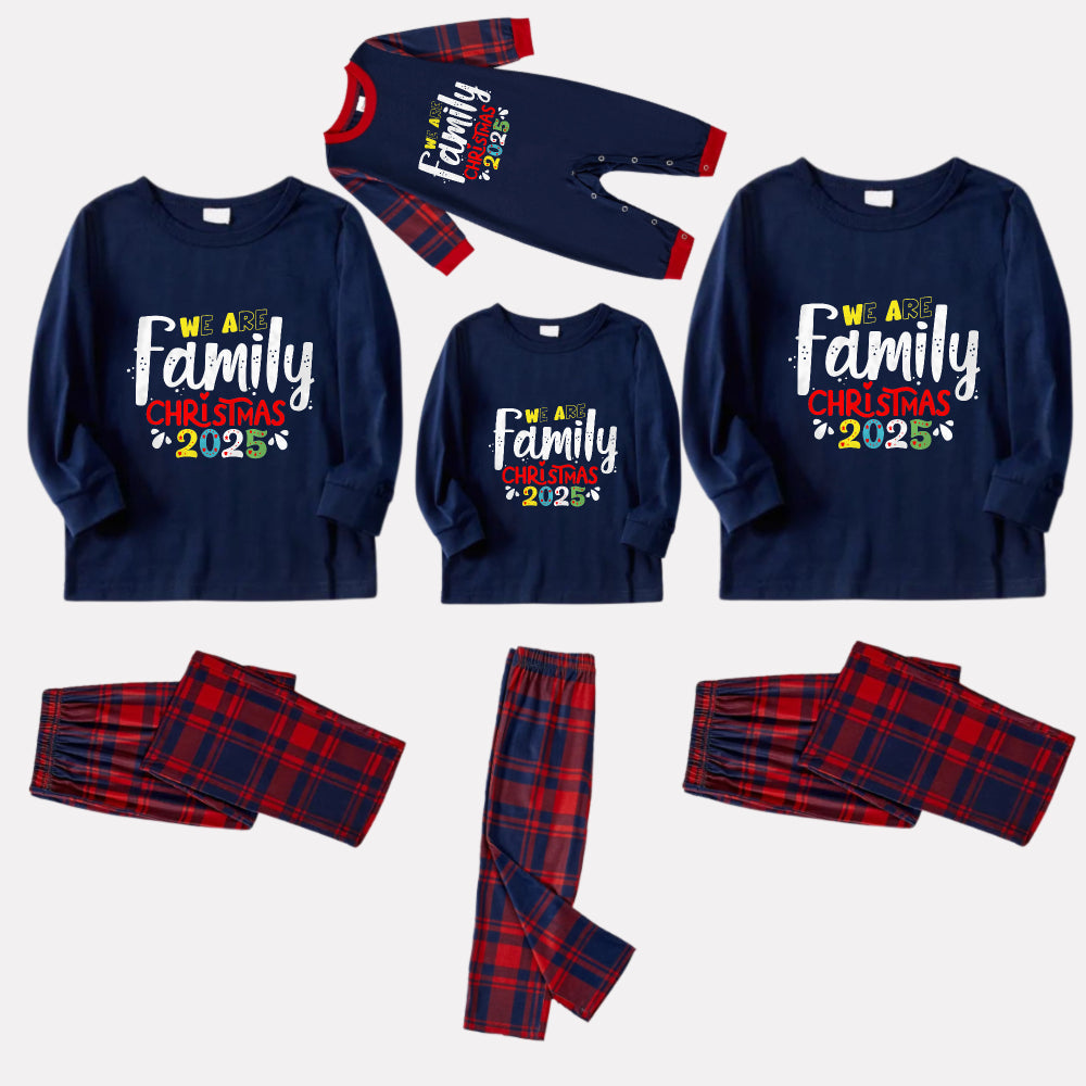 Christmas Family Matching Pajamas-Navy & Red Plaid Pjs Set with "We Are Family Christmas 2025" Colorful Slogan Print