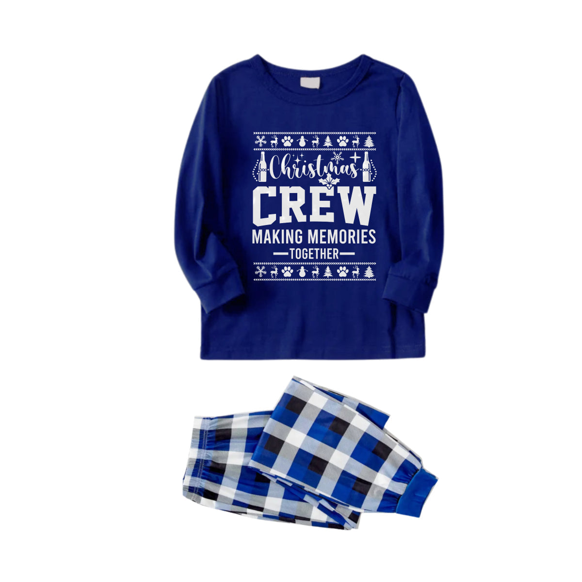 Christmas Family Matching Pajamas-Navy & White Plaid Pjs Set with "Christmas Crew Making Memories Together" and Christmas Pattern Print