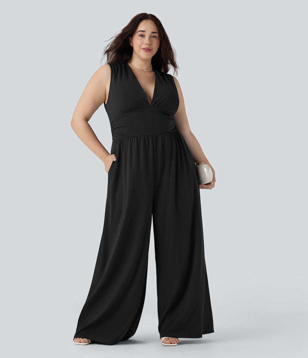 Plus Size V Neck Sleeveless Jumpsuit with Pockets-Easy Peezy Edition