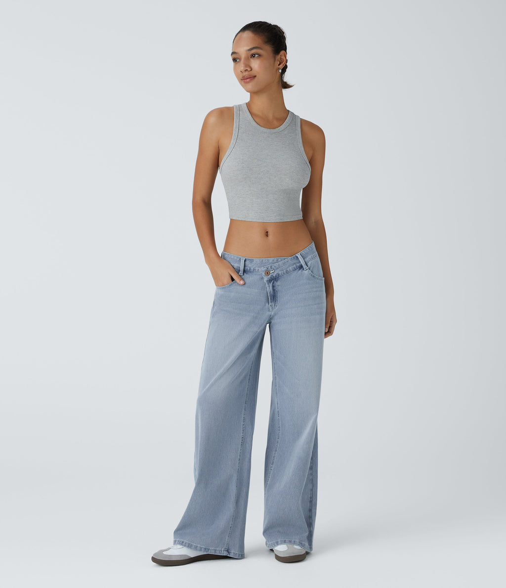 FlexTM Asymmetric Low Rise Zipper Pockets Baggy Wide Leg Washed Casual Jeans