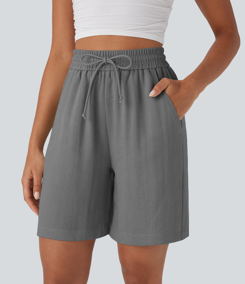 High Waisted Drawstring Casual Linen-Feel Shorts with Pockets