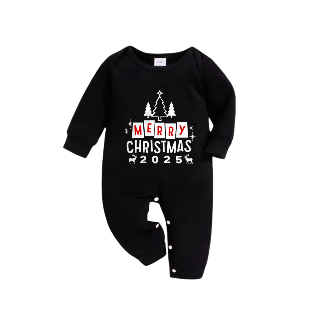 Christmas Family Matching Pajamas-Black Top and Green Plaid Pants Pjs Set with "Merry Christmas 2025" Print