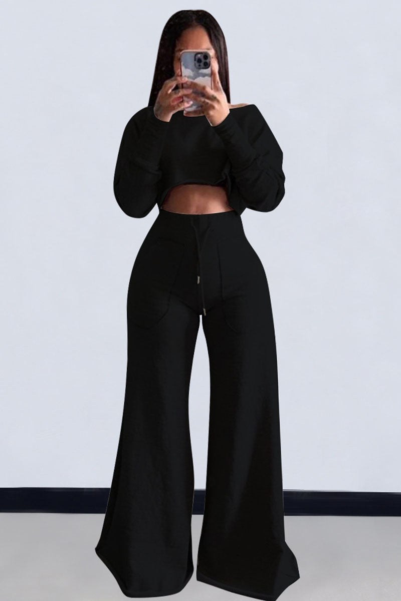 Plain Long Sleeve Crop Sweatshirt Pocket Wide Leg Pants Matching Set-Gray
