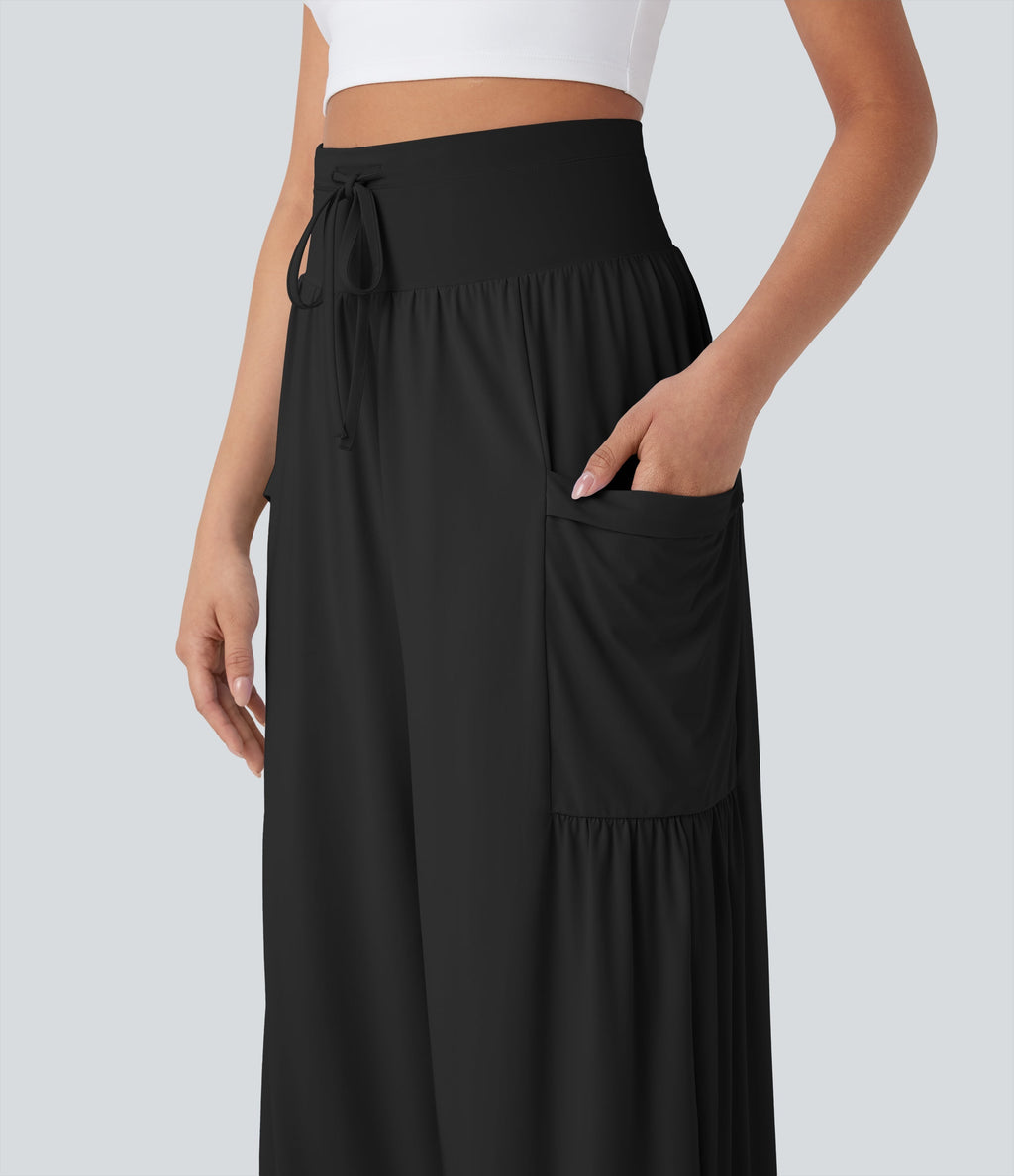 SoCinched High Waisted Tummy Control Drawstring Wide Leg Cool Touch Yoga Pants with Pockets-UPF50+