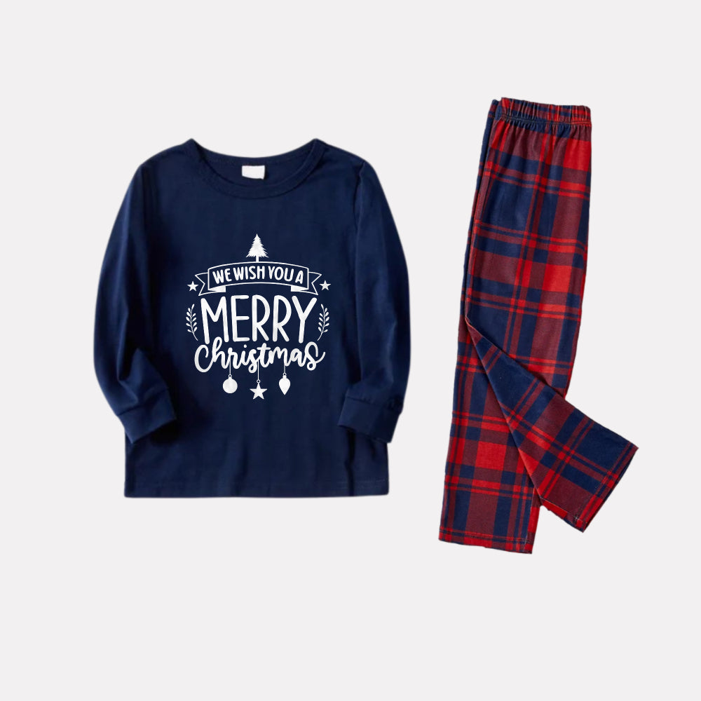 Christmas Family Matching Pajamas-Navy & Red Plaid Pjs Set with "We Wish You A Merry Christmas" Slogan Print