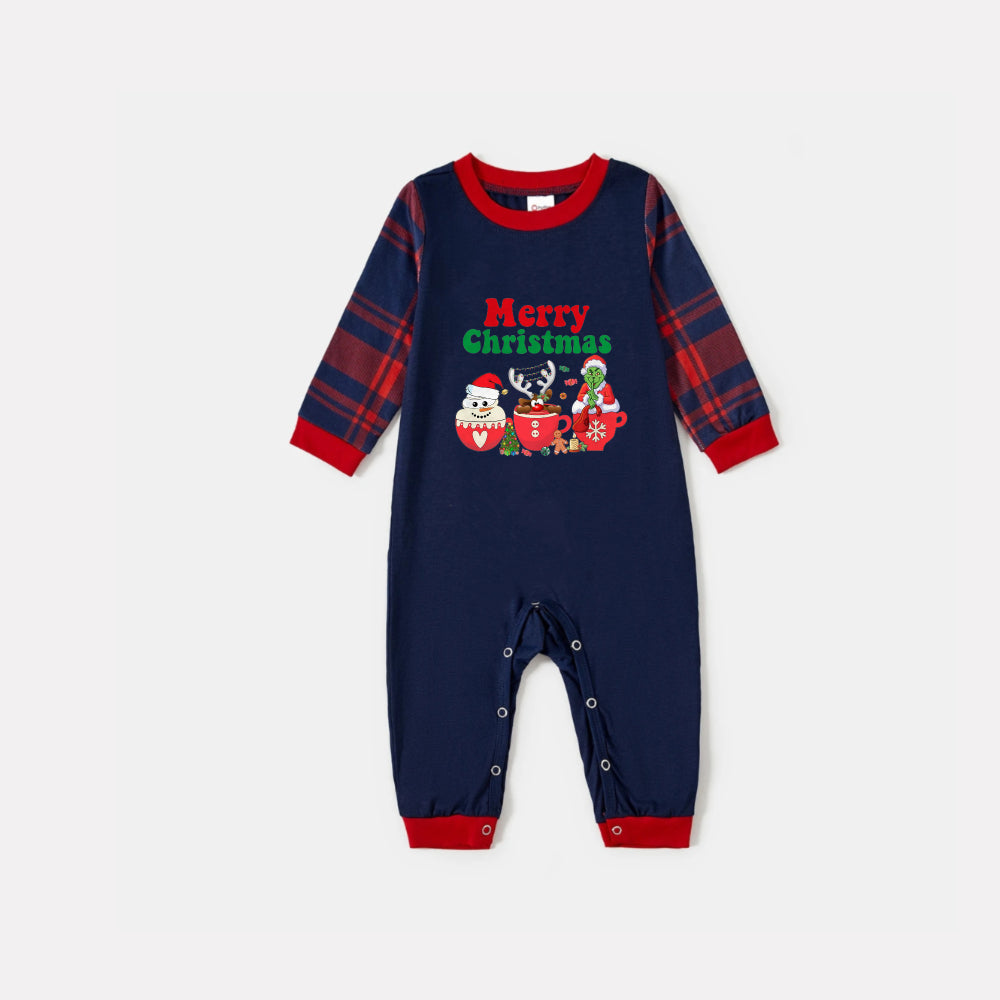 Christmas Family Matching Pajamas-Navy & Red Plaid Pjs Set with Grinch and "Merry Christmas" Print