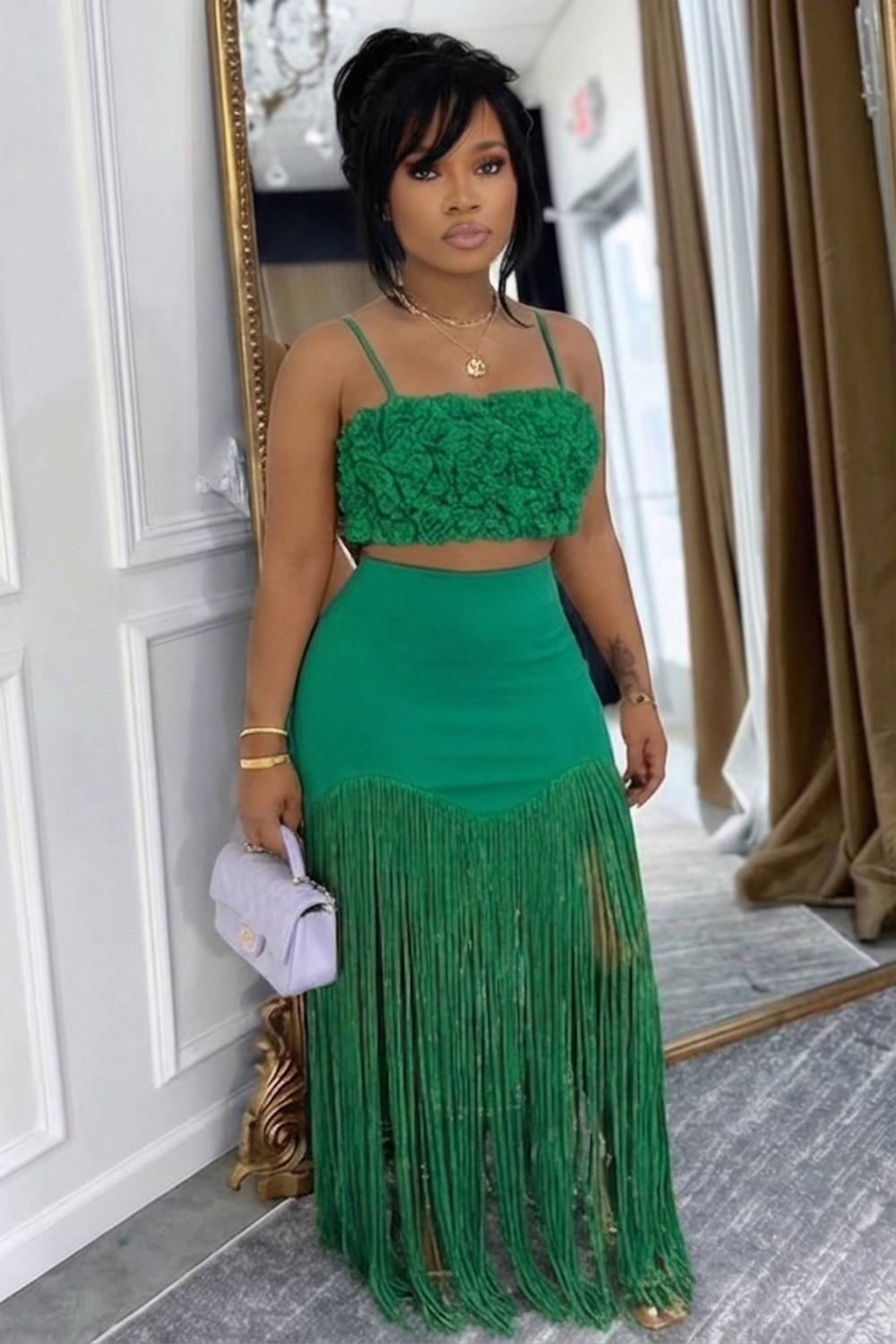 Spaghetti Strap Ruched Crop Top Fringe Maxi Skirt 2pcs Set-Orange