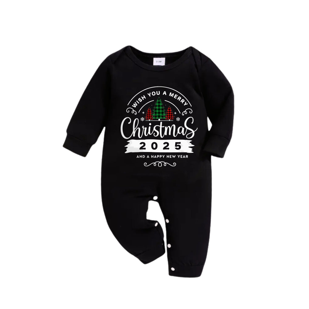 Christmas Family Matching Pajamas-Black Top and Green Plaid Pants Pjs Set with "Wish You A Merry Christmas 2025" Print
