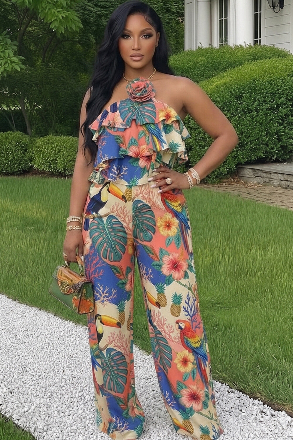 Floral Halter Ruffle Top Wide Leg Pants 2pcs Set-Multicolor