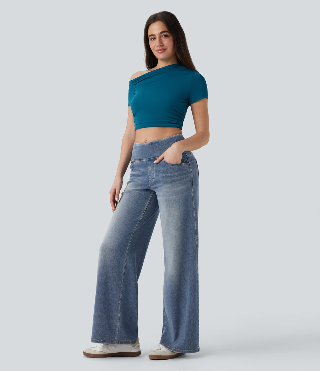 FlexTM SoCinched Mid Rise Tummy Control Casual Baggy Jeans with Pockets