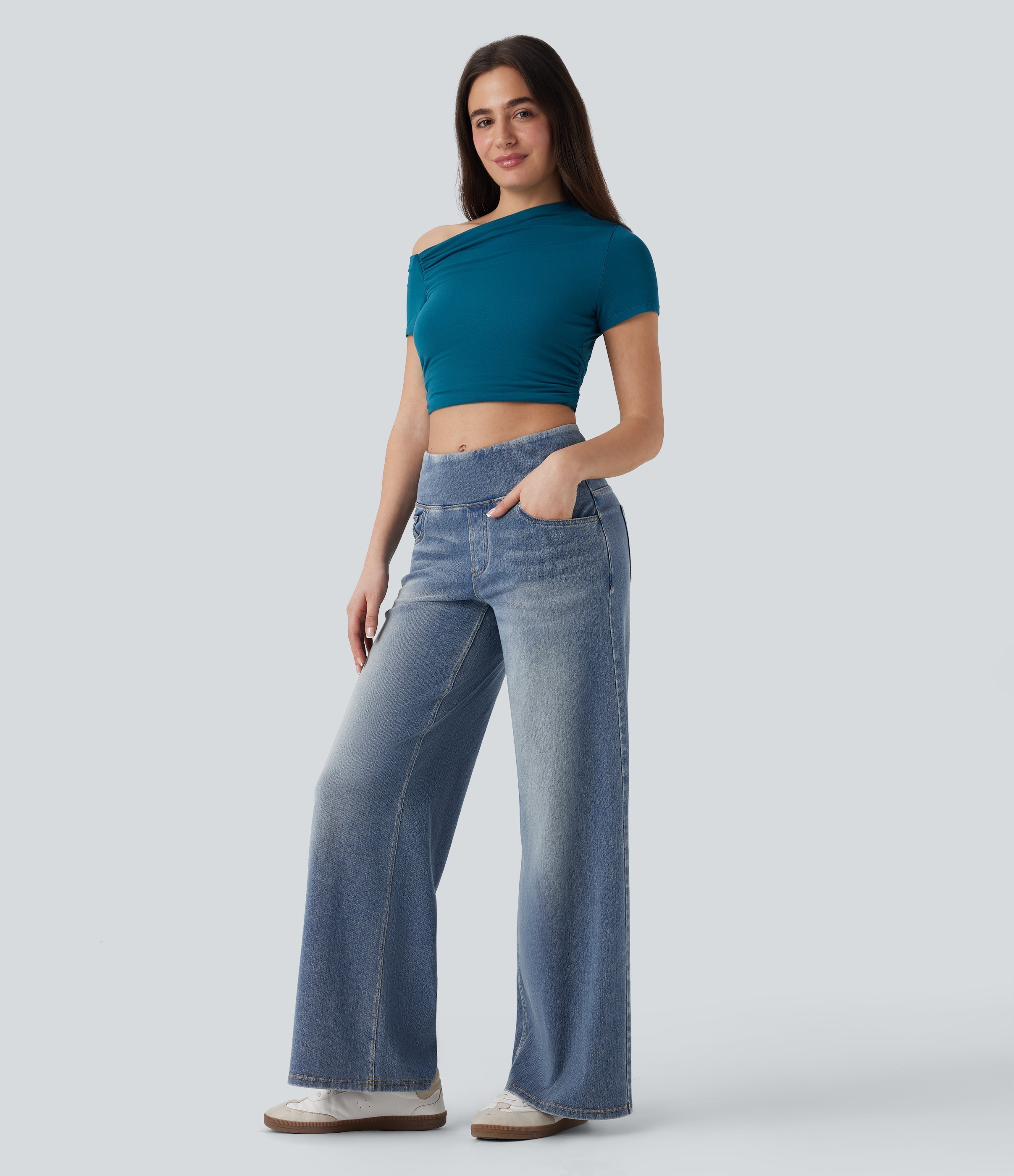 FlexTM SoCinched Mid Rise Tummy Control Casual Baggy Jeans with Pockets