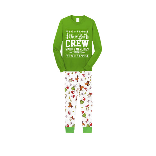 Christmas Family Matching Pajamas-Green Top and Grinch Pants Pjs Set with "Christmas Crew Making Memories Together" and Christmas Pattern Print