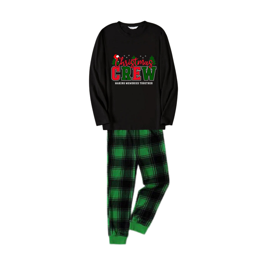 Christmas Family Matching Pajamas-Black Top and Green Plaid Pants Pjs Set with "Christmas Crew Making Memories Together " Slogan Print