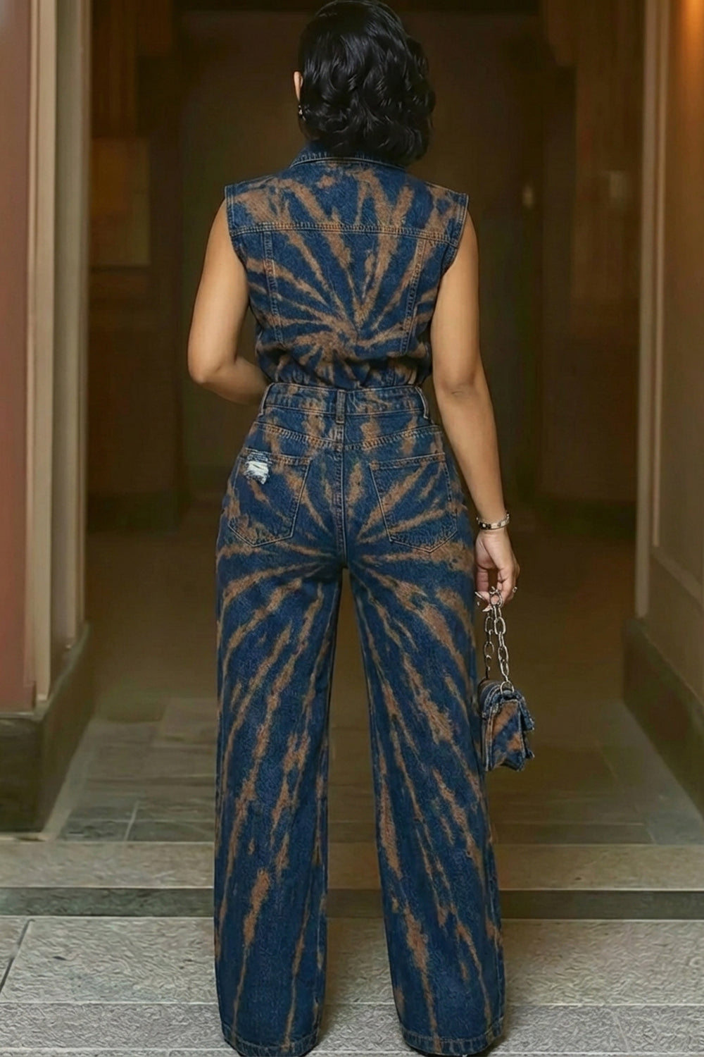 Denim Turndown Collar Sleeveless Cut Out Casual Jumpsuit-Blue