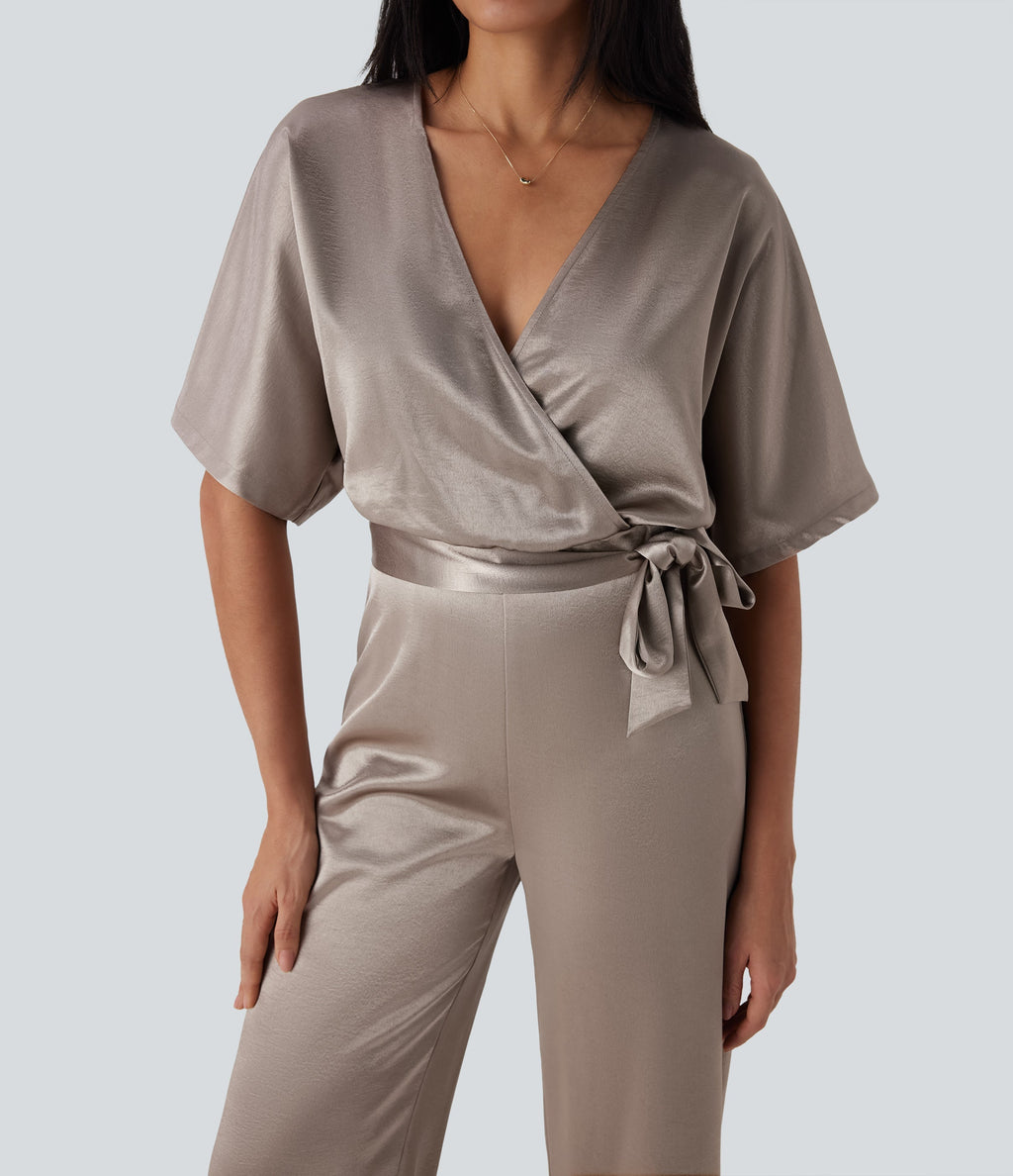 Crossover V Neck Belted Wide Leg Satin-like Work Jumpsuit with Pockets