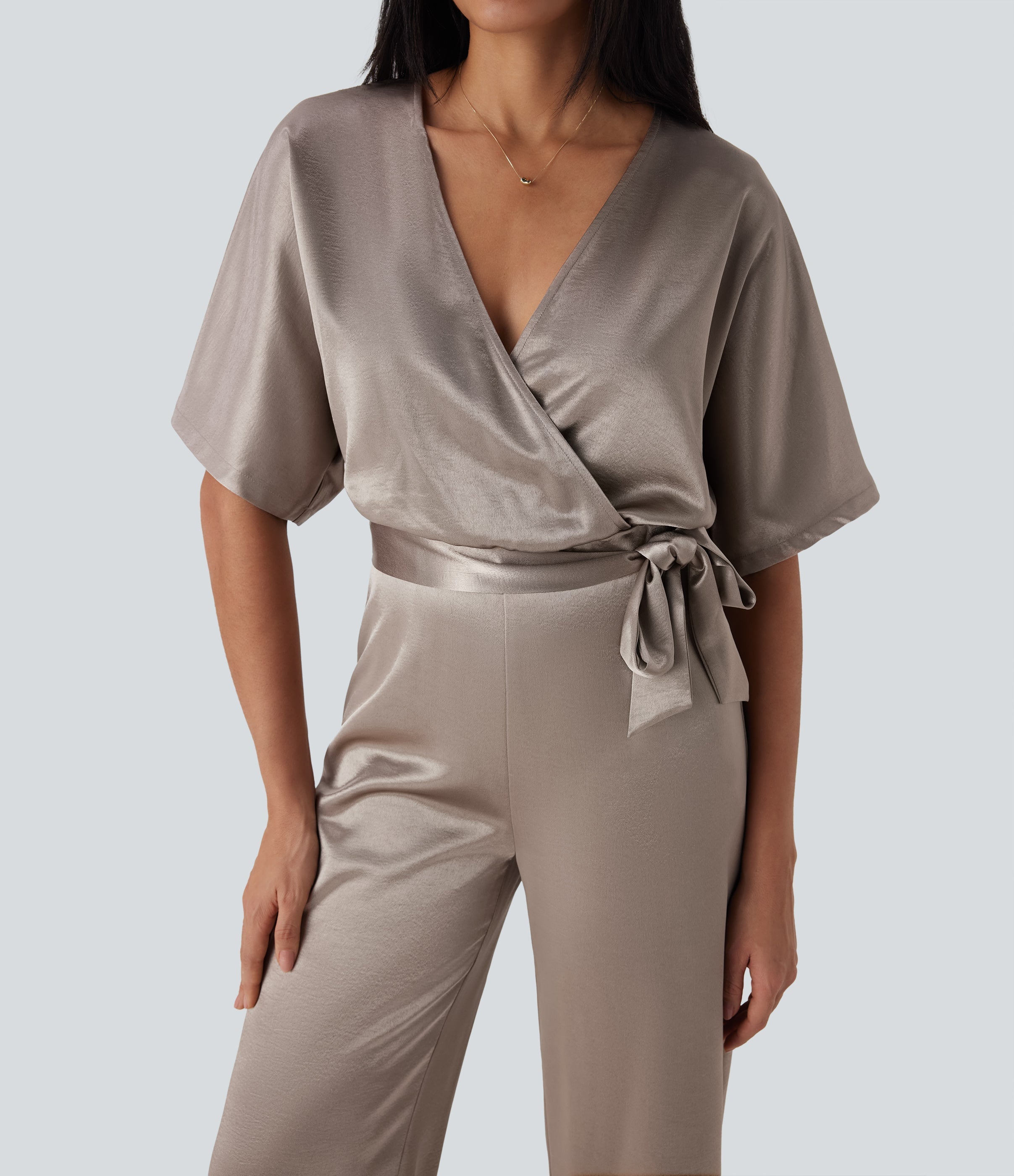 Crossover V Neck Belted Wide Leg Satin-like Work Jumpsuit with Pockets