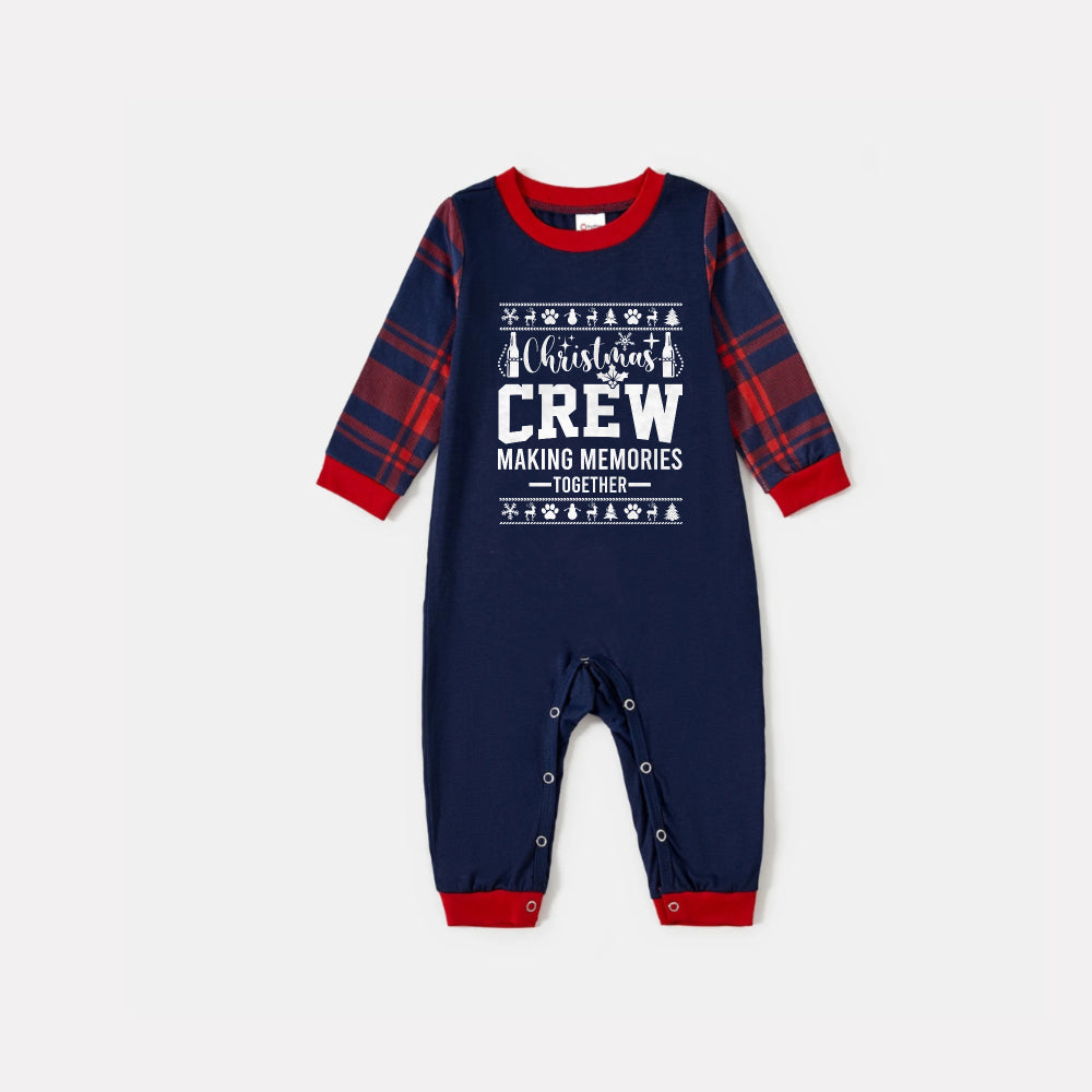 Christmas Family Matching Pajamas-Navy & Red Plaid Pjs Set with "Christmas Crew Making Memories Together" and Christmas Pattern Print