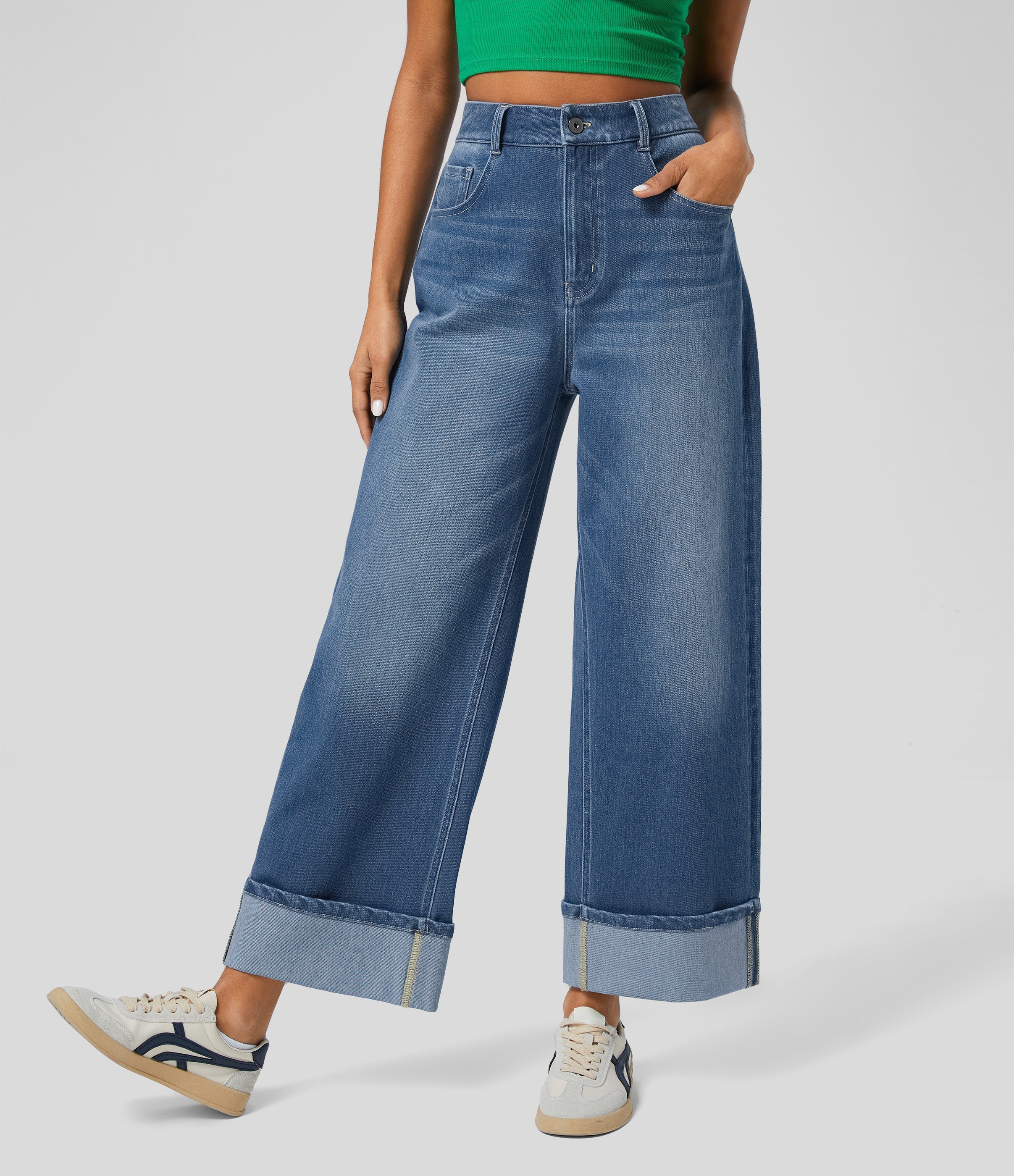 FlexTM High Waisted Multiple Pockets Rolled Hem Wide Leg Washed Stretchy Knit Casual Jeans