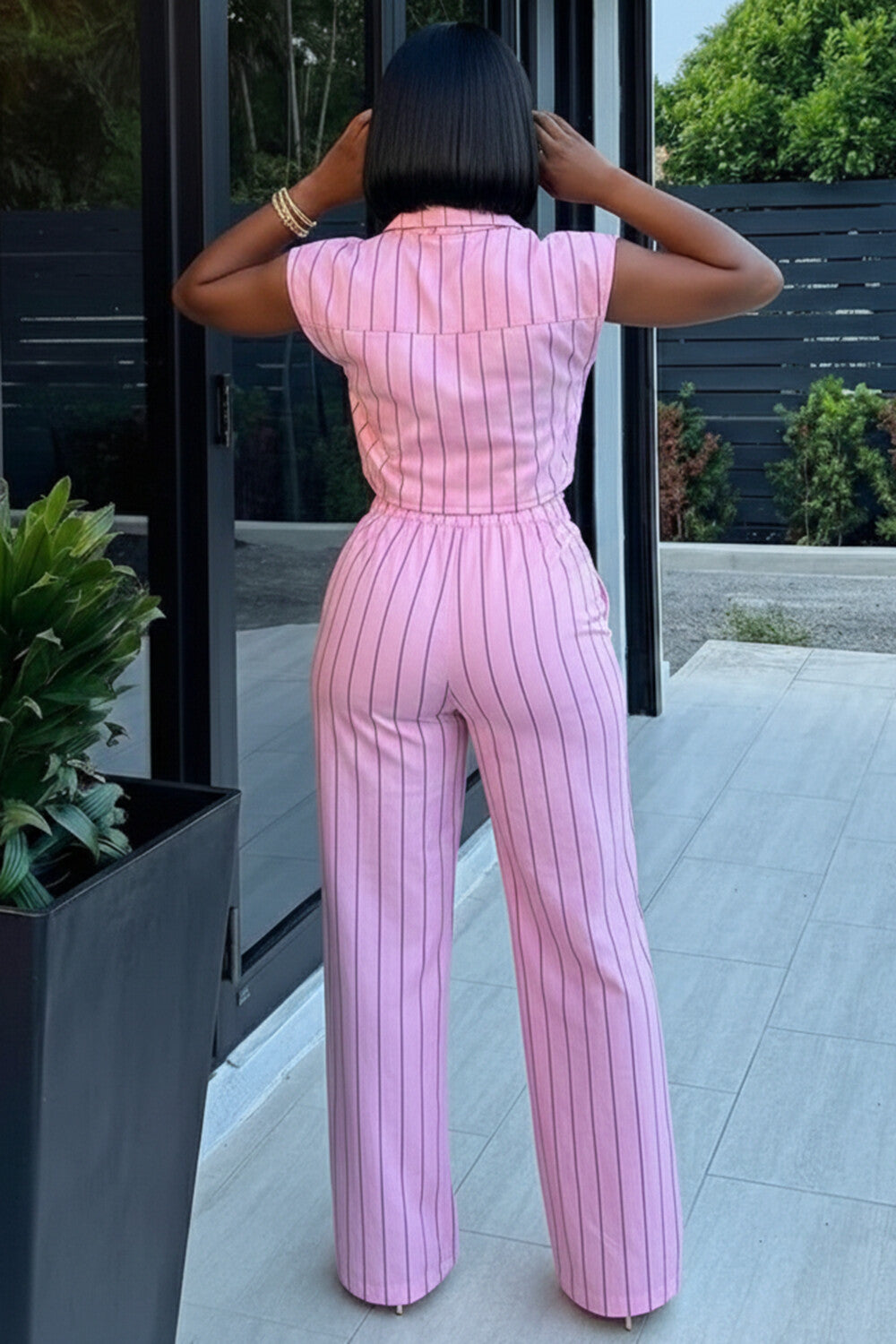 Turndown Collar Sleeveless Top Drawstring Pants 2pcs Set-Pink