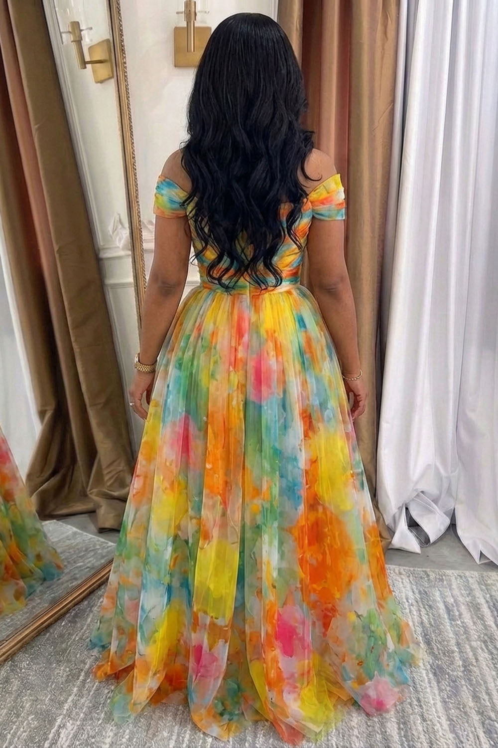 Off Shoulder Floral Mesh Slit Vacation Maxi Dresses-Multicolor