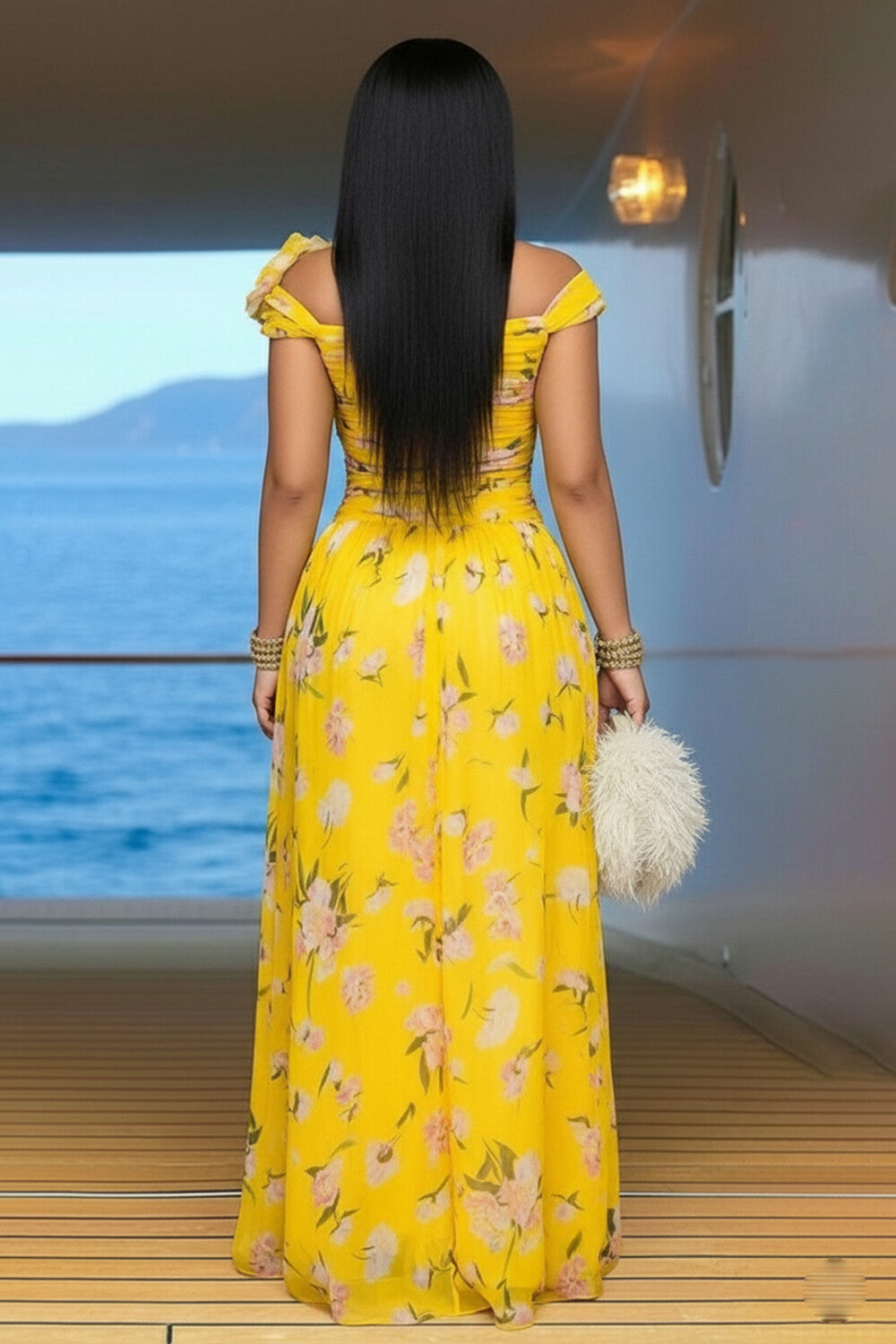 Scoop Neck Sleeveless Floral Slit Vacation Maxi Dresses-Yellow