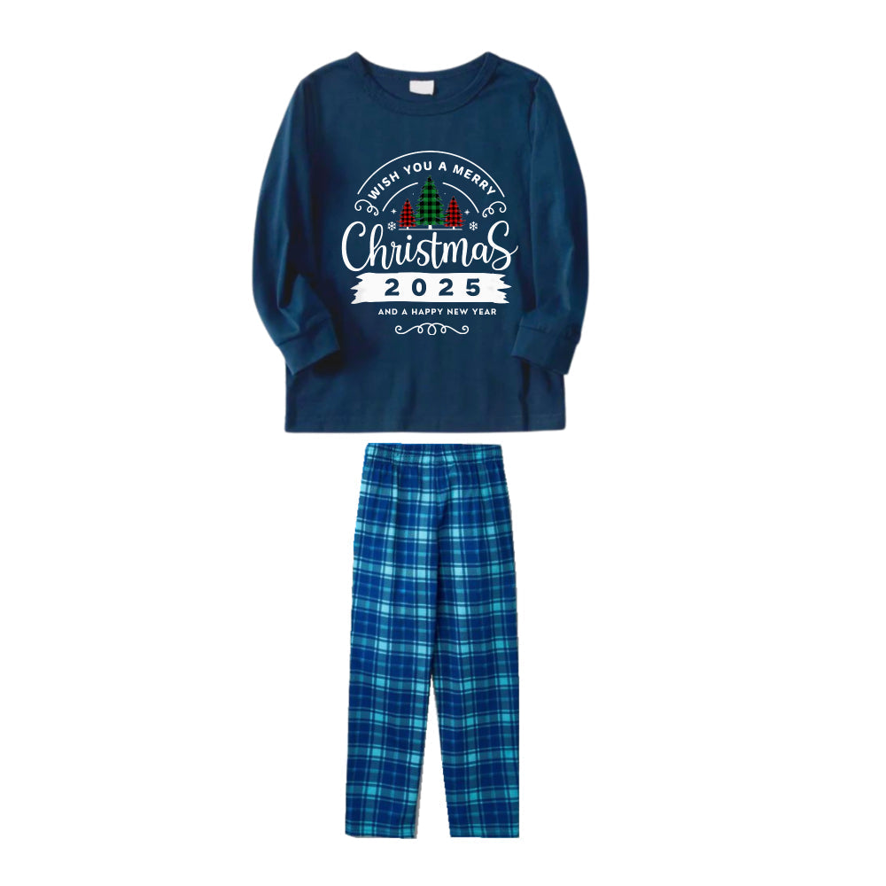 Christmas Family Matching Pajamas-Navy & Sky Blue Plaid Pjs Set with "Wish You A Merry Christmas 2025" Print