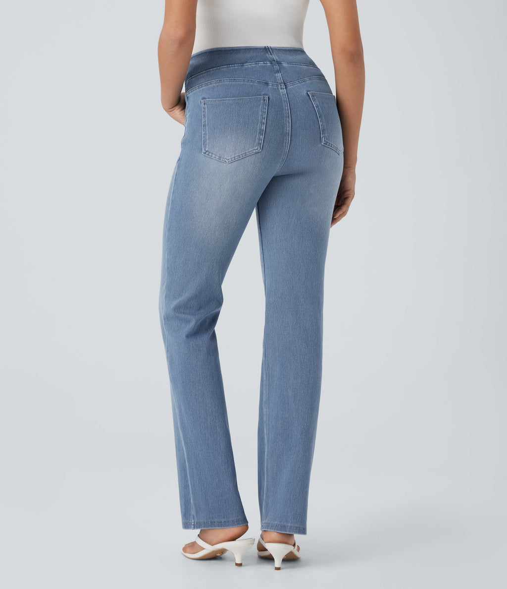 FlexTM High Waisted Tummy Control Washed Casual Bootcut Jeans with Pockets