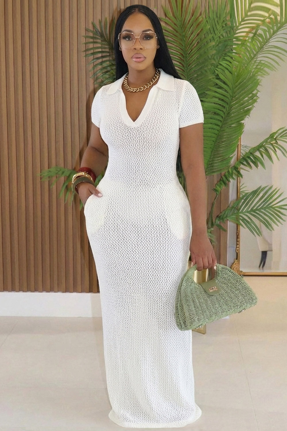 Plain Crochet Hollow Out Short Sleeve Bodycon Maxi Dresses-White