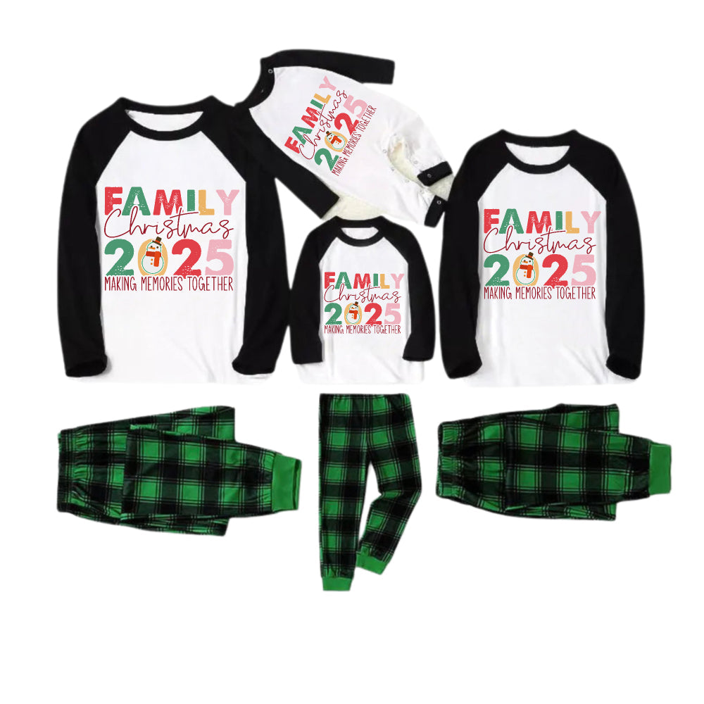 Black Raglan Top Green Plaid Christmas Pajamas Set With "Family Christmas 2025" Holiday Text Print