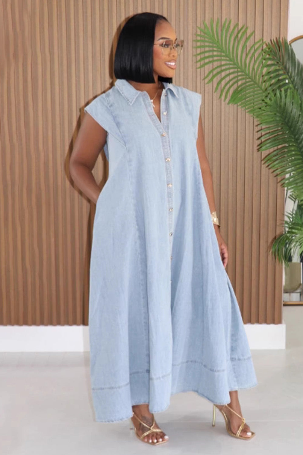 Denim Shirt Collar Cap Sleeve Slant Pocket Loose Casual Maxi Dresses-Blue