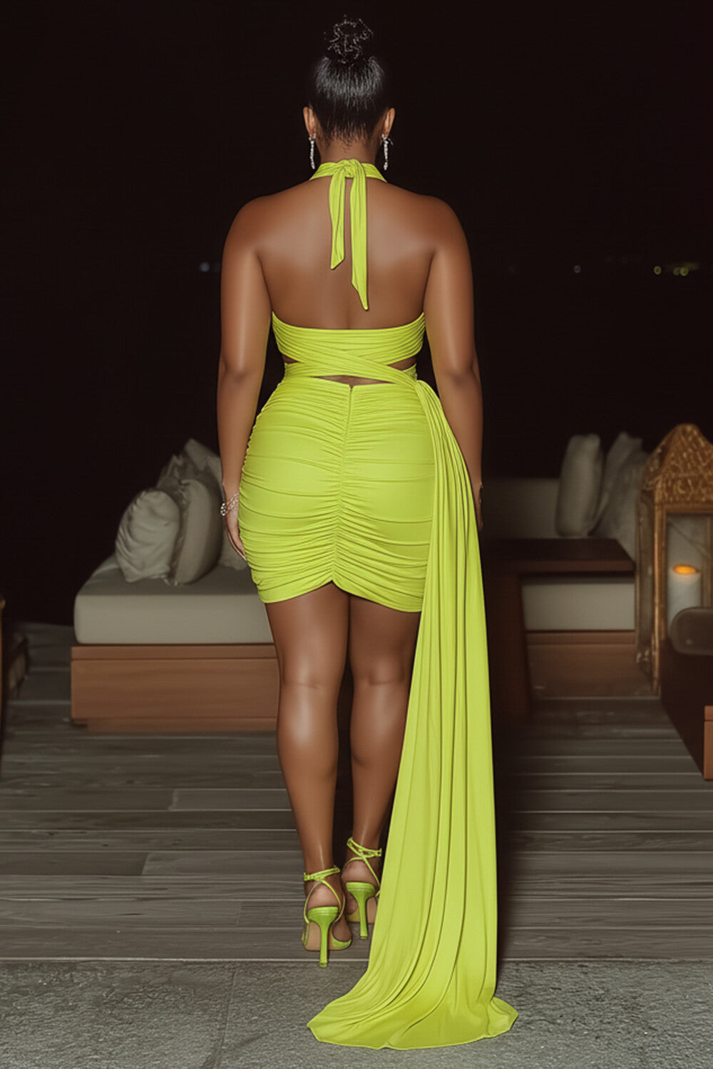 Cross Halter Overlap Wrapped Sash Party Mini Dresses-Green