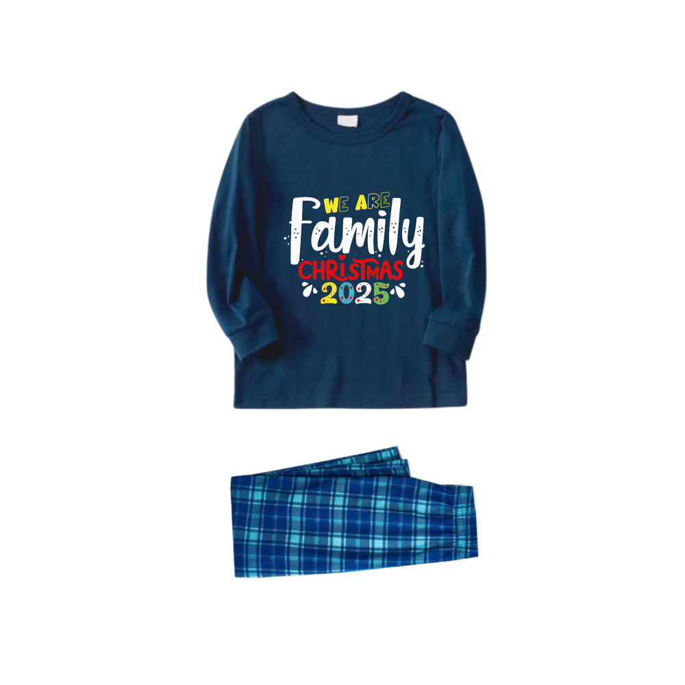 Christmas Family Matching Pajamas-Navy & Sky Blue Plaid Pjs Set with "We Are Family Christmas 2025" Artistic Font Print