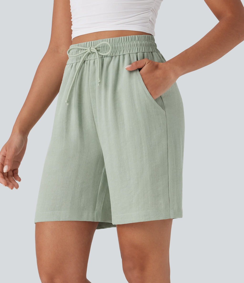 High Waisted Drawstring Casual Linen-Feel Shorts with Pockets