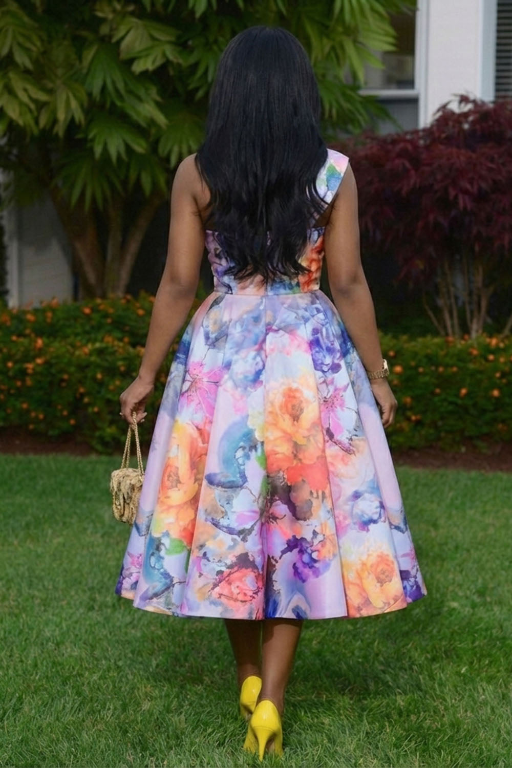 One Shoulder Floral Print Bouffant Gowns Maxi Dresses-Purple