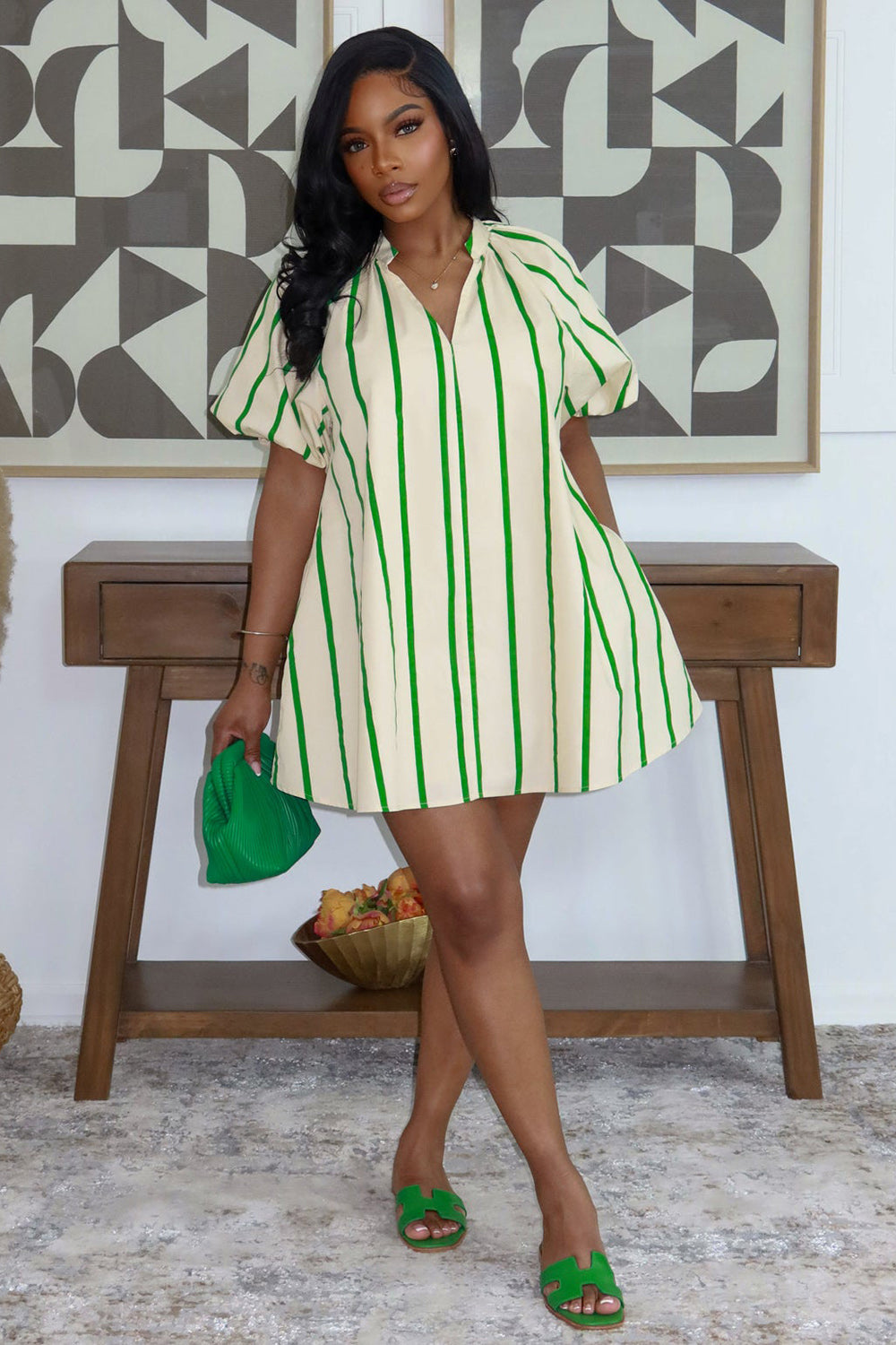 V Neck Puff Sleeve Striped Loose Fit Casual Mini Dresses-Green