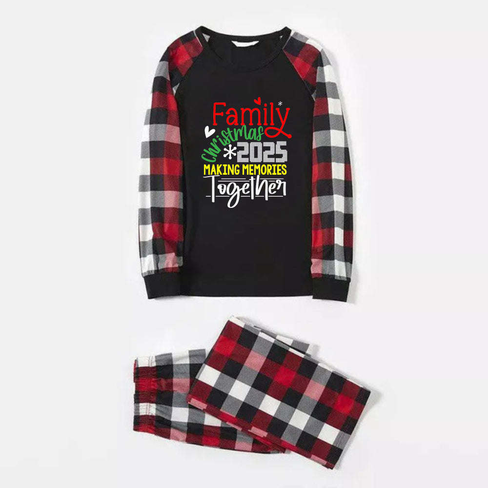 Christmas Family Matching Pajamas-Red and Gray Plaid Pjs set with "Family Christmas 2025 Making Memories Together" Colorful Slogan Print