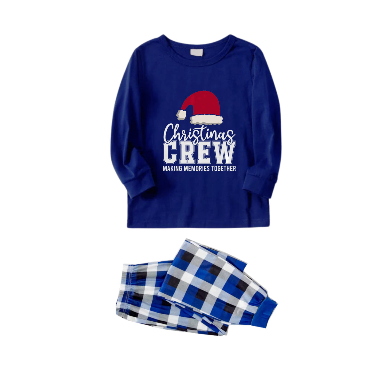Christmas Family Matching Pajamas-Navy & White Plaid Pjs Set with "Christmas Crew Making Memories Together" and Santa Hat Pattern Print