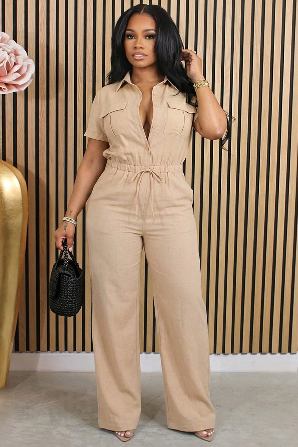 Turndown Collar Short Sleeve Wide Leg Casual Jumpsuit-Khaki
