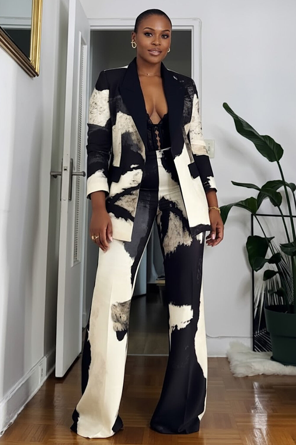 Pattern Print Colorblock Blazer High Waist Pants 2pcs Set-Black
