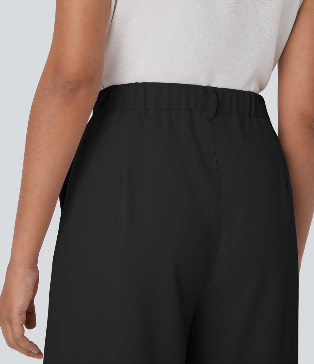 High Waisted Belted Wide Leg Cropped Work Pants with Pockets