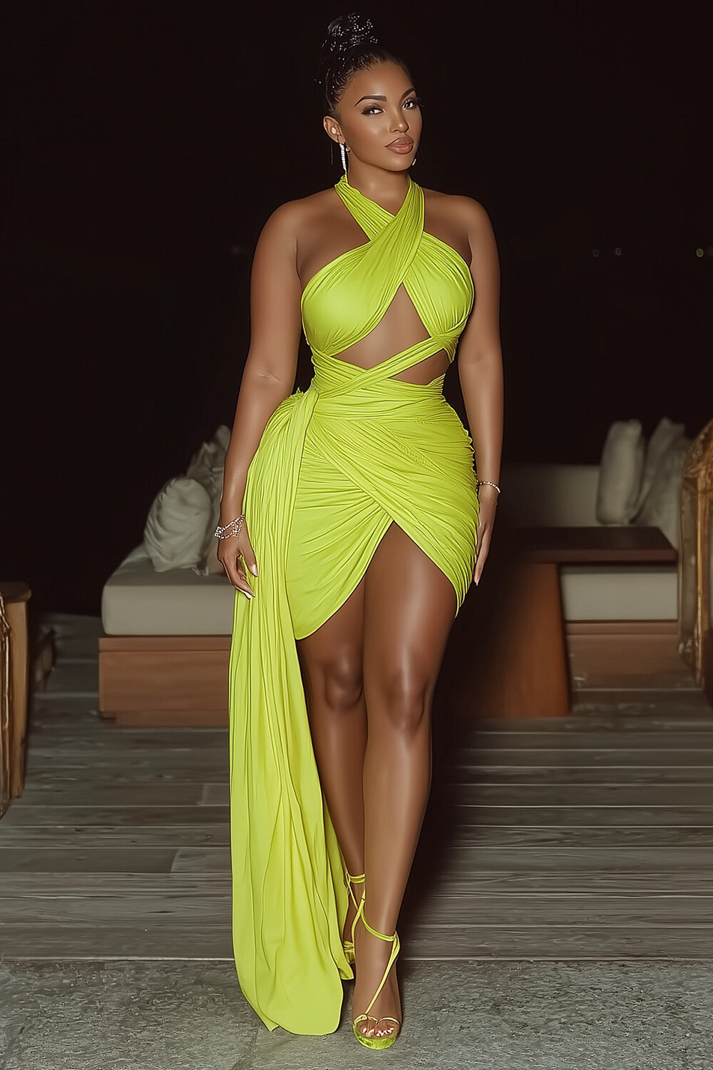 Cross Halter Overlap Wrapped Sash Party Mini Dresses-Green