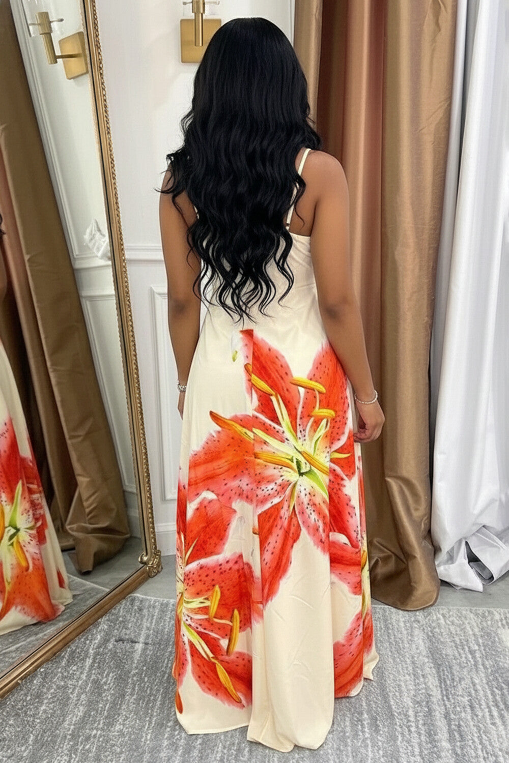 Cami Ruched High Waist Floral A-Line Casual Maxi Dresses-Beige