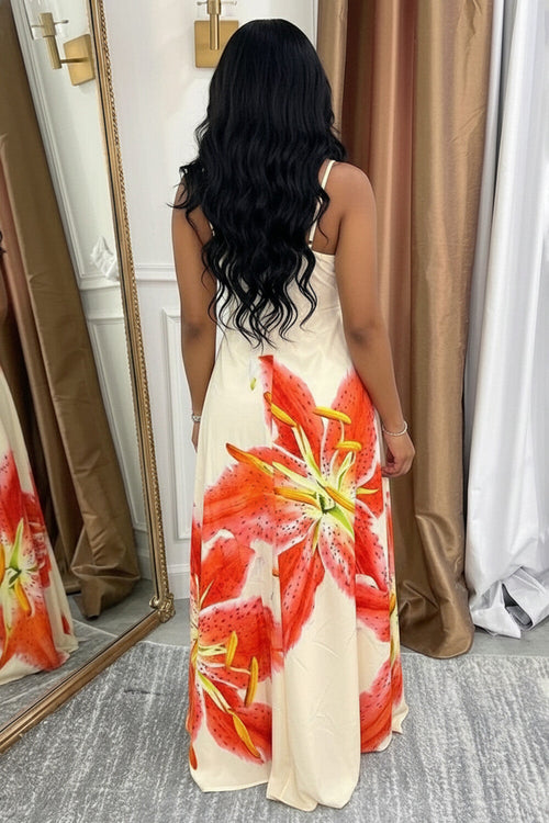Cami Ruched High Waist Floral A-Line Casual Maxi Dresses-Beige